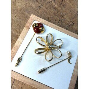 Gold-Tone Flower & Red Enamel Lapel Pins Set With Pearl Moon Accent